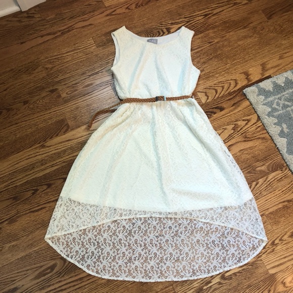 Girls off white dress hi low skirt w belt